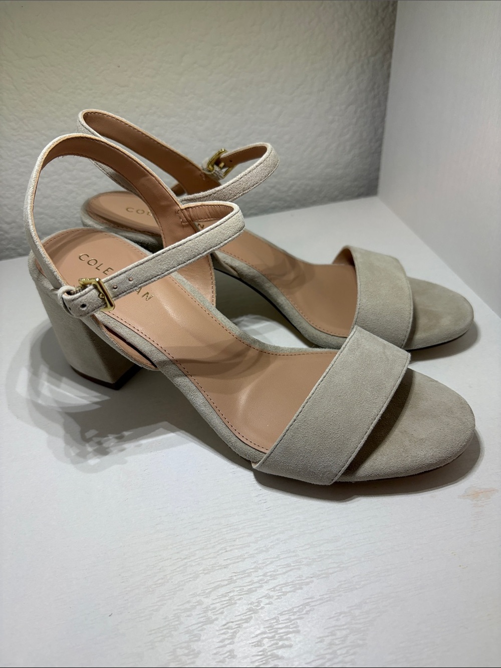Cole Haan Light Beige Suede Block Heel Sandals
